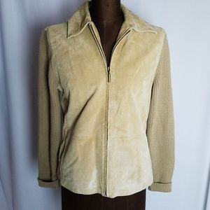 Machine Washable Suede Leather Knit Sleeve Front Zip Jacket S Vintage Fabio
